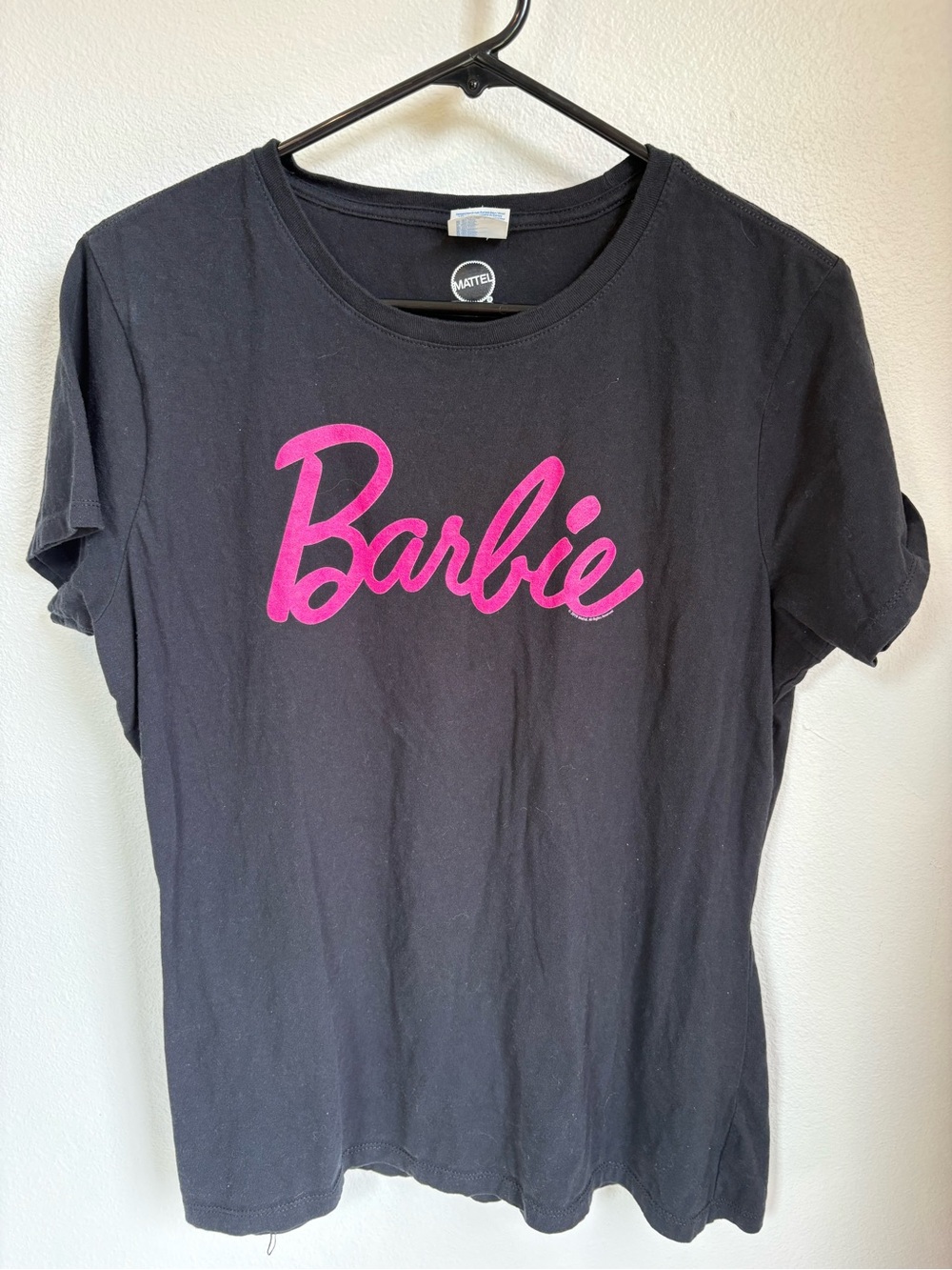 Barbie Matell Black Tee with Hot Pink Logo | Women’s Sz L 100% Cotton